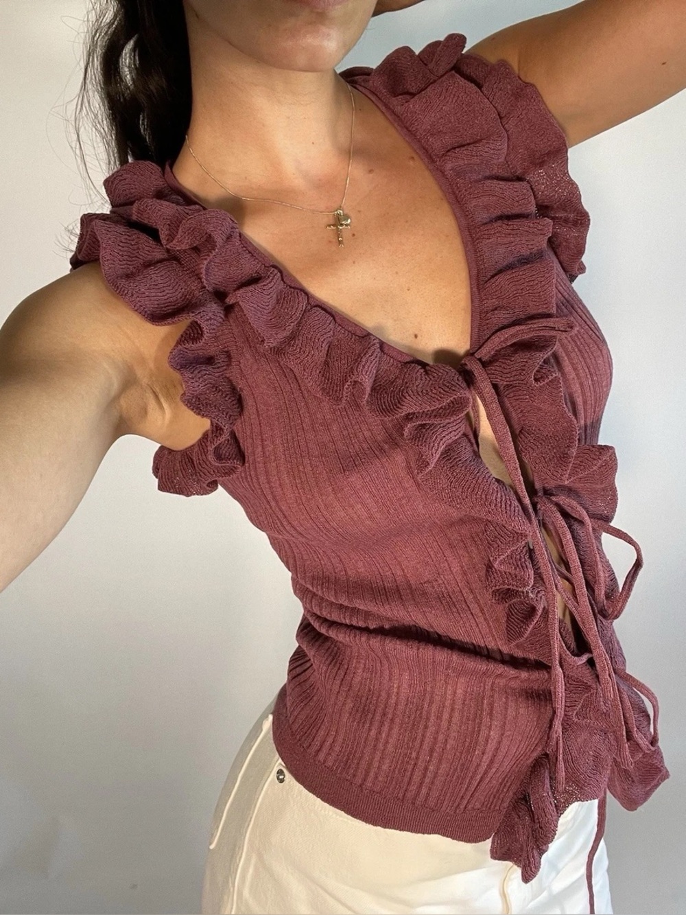 Zara Ruffle Tie-Front Tank in Purple Size Medium